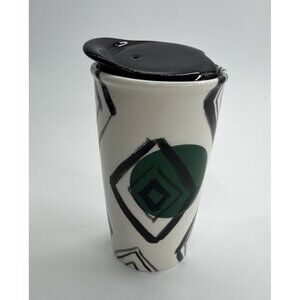 Starbucks Ceramic Traveler Tumbler Mug & Lid Green Dot Black Diamond Double Wall